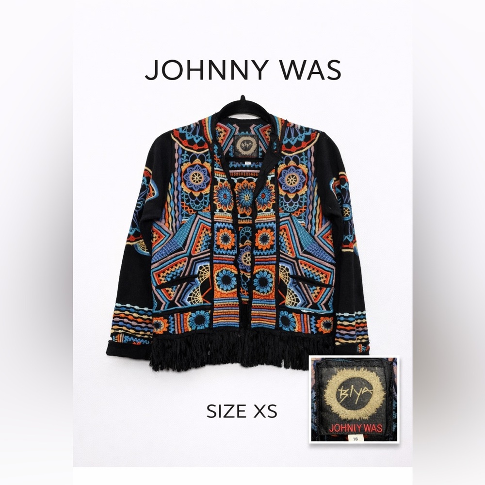 Johnny Was Tasmin Artisan Embroidered Open Front Fringe Jacket Boho XS